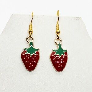 Earrings Strawberry Enamel Dangle Charm Summer Fruit Red Green Gold Tone
